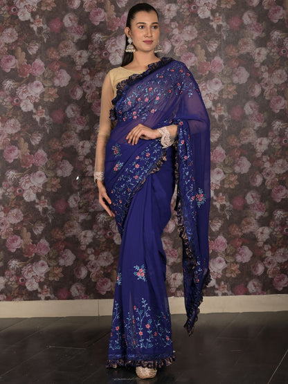 Rajwada Dark Blue Thread Embroidered Georgette Ruffles Saree With Unstitched Blouse For Women