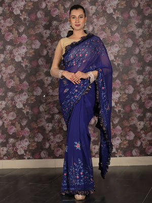 Rajwada Dark Blue Thread Embroidered Georgette Ruffles Saree With Unstitched Blouse For Women