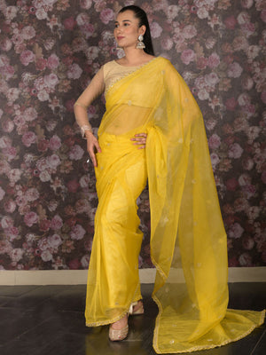 Rajwada Yellow Embroidered Polyester Saree with Unstitched Blouse for Women