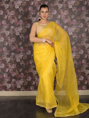 Rajwada Yellow Embroidered Polyester Saree with Unstitched Blouse for Women