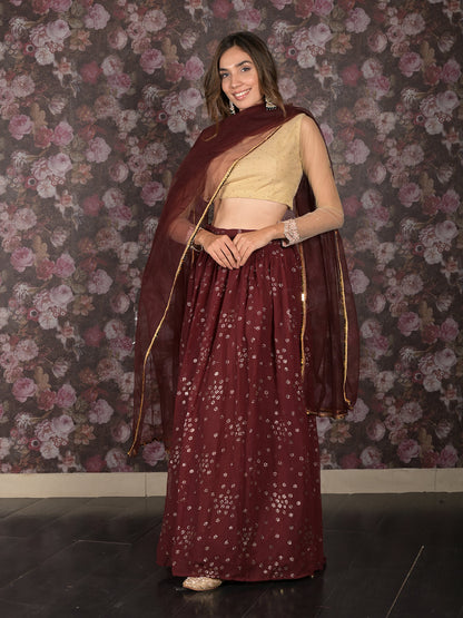 Rajwada Brown Embellished Georgette Semi-Stitched Lehenga with Unstitched Blouse for Women