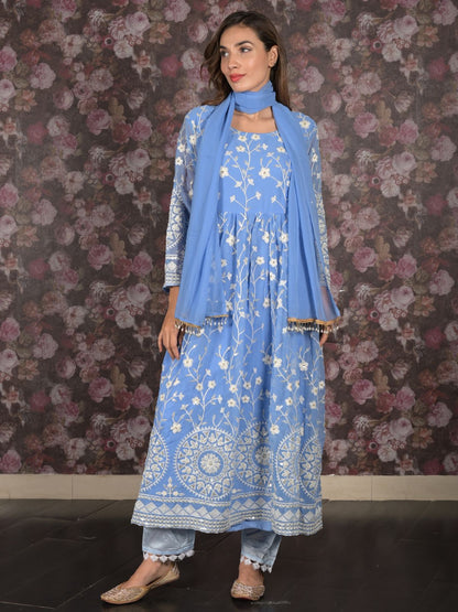 Rajwada Blue Sequins Embroidered Stitched Flared Georgette Kurta Set for Women
