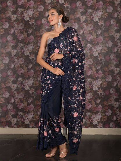 Rajwada Navy Blue Georgette Embroidered Saree With Unstitched Blouse For Women