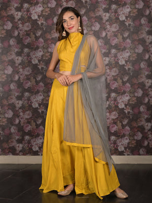 Rajwada Yellow Printed Stitched Cotton Lehenga with Stitched Blouse for Women
