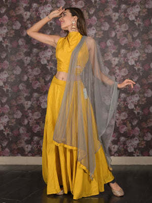 Rajwada Yellow Printed Stitched Cotton Lehenga with Stitched Blouse for Women