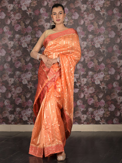 Rajwada Orange Cotton Silk Blend Woven Saree With Unstitched Blouse For Women