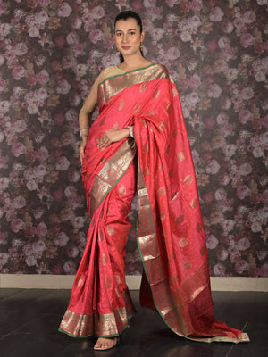 Rajwada Pink Tissue Silk Woven Saree with Unstitched Blouse for Women