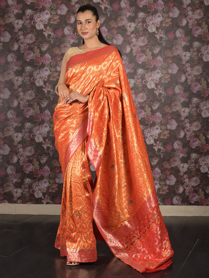 Rajwada Orange And Red Woven Silk Blend Saree With Unstitched Blouse For Women