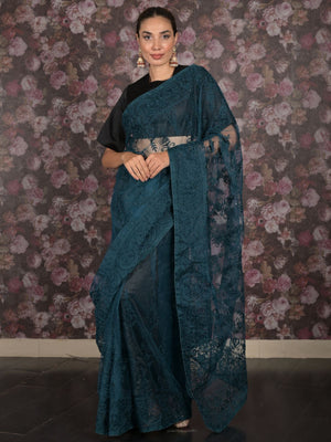 Rajwada Teal Embroidered Net Saree with Unstitched Blouse for Women