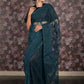Rajwada Teal Embroidered Net Saree with Unstitched Blouse for Women