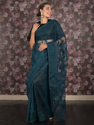 Rajwada Teal Embroidered Net Saree with Unstitched Blouse for Women