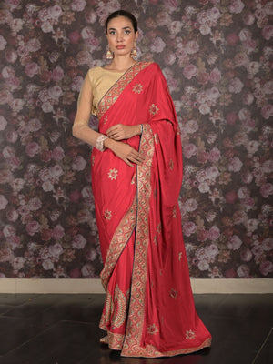 Rajwada Red Heavy Embroidered Crepe Saree with Unstitched Blouse for Women