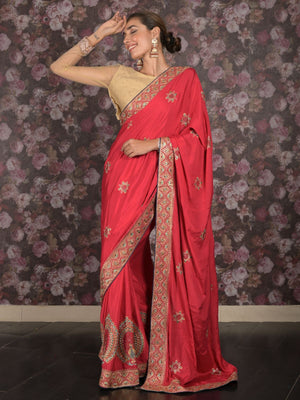 Rajwada Red Heavy Embroidered Crepe Saree with Unstitched Blouse for Women