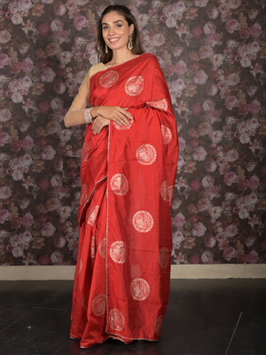 Rajwada Red Woven Silk Blend Saree Without Blouse For Women