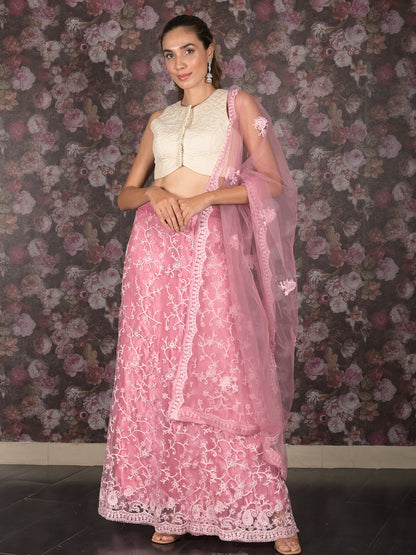 Rajwada Lilac Semi Stitched Embroidered Net Lehenga with Unstitched Blouse And Dupatta For Women