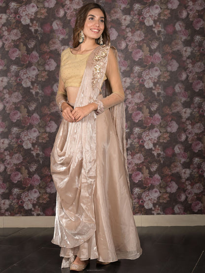 Rajwada Golden Organza Embellished Ready-To-Wear Saree With Stitched Blouse For Women