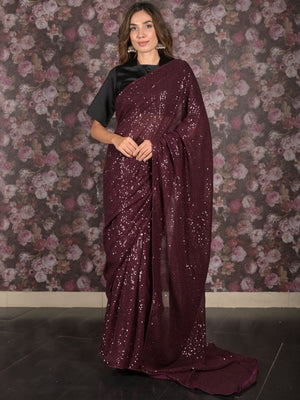 Rajwada Purple Sequin Embroidered Net Saree With Unstitched Blouse For Women