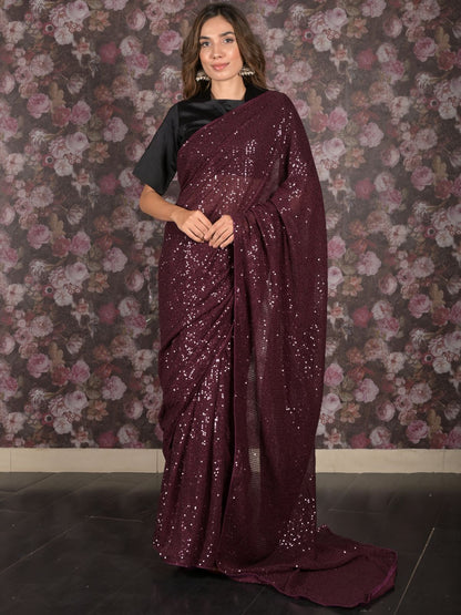 Rajwada Purple Sequin Embroidered Net Saree With Unstitched Blouse For Women