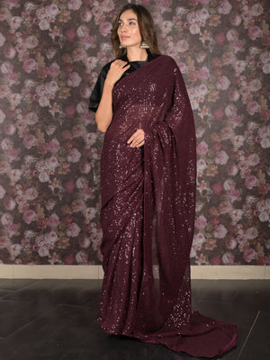 Rajwada Purple Sequin Embroidered Net Saree With Unstitched Blouse For Women