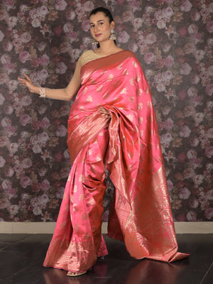 Rajwada Pink Woven Silk Blend Saree With Unstitched Blouse For Women