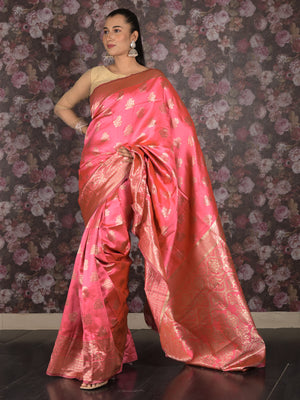 Rajwada Pink Woven Silk Blend Saree With Unstitched Blouse For Women