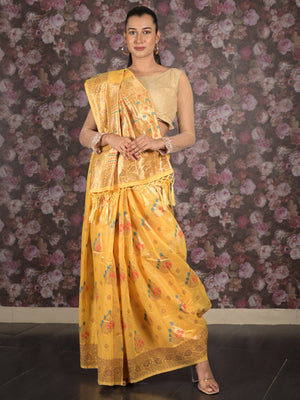 Rajwada Yellow Woven Silk Blend Saree With Unstitched Blouse For Women