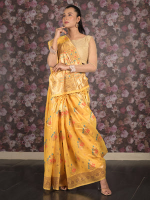 Rajwada Yellow Woven Silk Blend Saree With Unstitched Blouse For Women