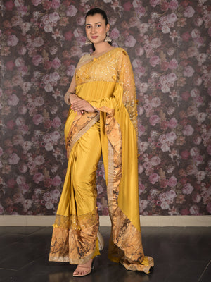 Rajwada Yellow Printed Embroidered Lycra Saree with Unstitched Blouse for Women