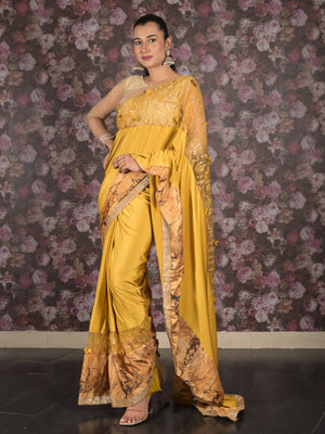 Rajwada Yellow Printed Embroidered Lycra Saree with Unstitched Blouse for Women