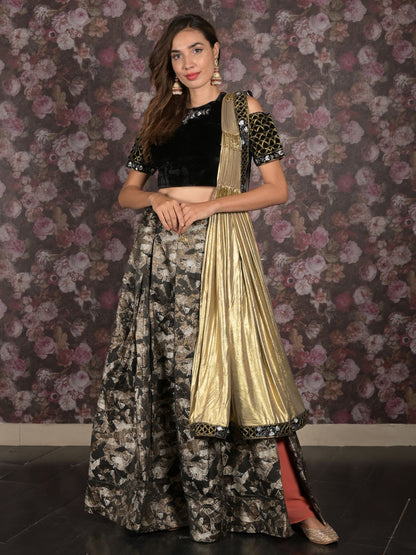 Rajwada Black Woven Semi Stitched Lehenga Set With Dupatta And Stitched Blouse For Women