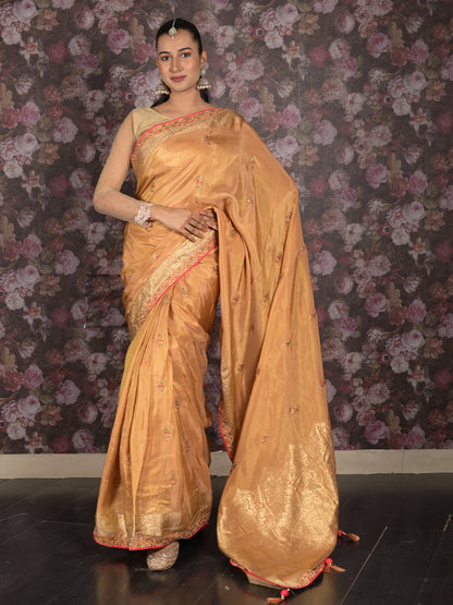 Rajwada Peach Zari and Stone Embroidered Crepe Saree with Unstitched Blouse for Women