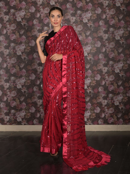 Rajwada Maroon Sequins Embroidered Georgette Saree with Unstitched Blouse for Women