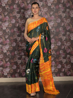 Rajwada Dark Green And Orange Woven Kota Cotton Saree With Unstitched Blouse For Women