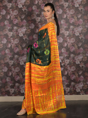 Rajwada Dark Green And Orange Woven Kota Cotton Saree With Unstitched Blouse For Women