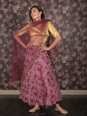 Rajwada Pink Organza Embroidered Semi Stitched Lehenga With Unstitched Blouse For Women