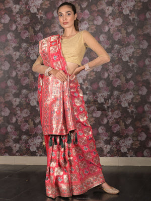 Rajwada Magenta Silk Blend Woven Saree with Unstitched Blouse for Women