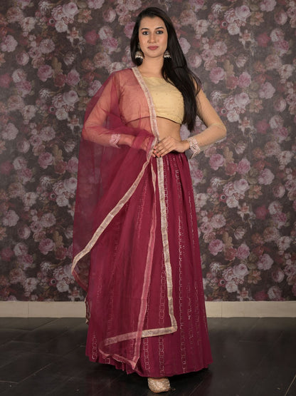 Rajwada Maroon Maukaish Embellieshed Semi Stitched Lehenga Set With Dupatta And Unstitched Blouse For Women