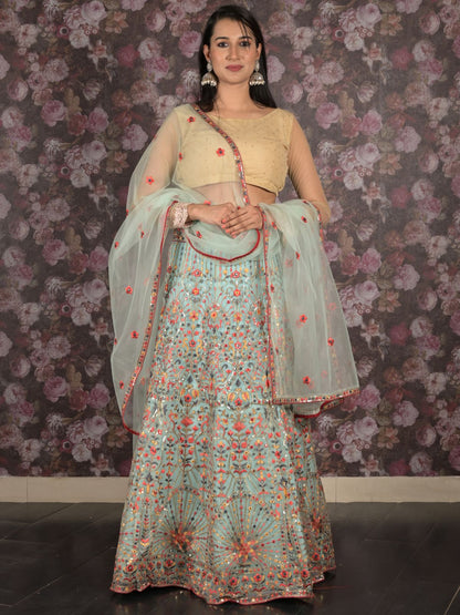 Rajwada Light Blue Embroidered Semi Stitched Net Lehenga Set With Dupatta And Unstitched Blouse For Women