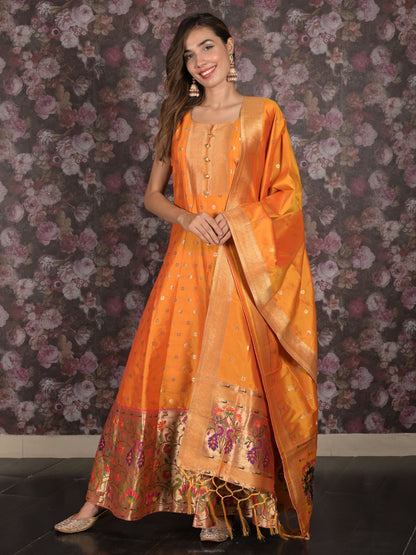 Rajwada Mustard Woven Long Stitched Kurta Set With Dupatta For Women