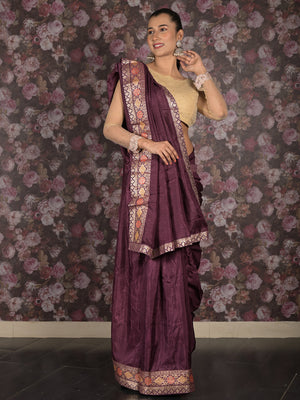 Rajwada Purple Woven Silk Blend Saree With Unstitched Blouse For Women
