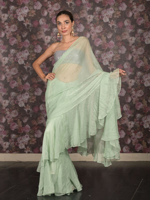 Rajwada Light Green Crepe Ruffles Saree with Unstitched Blouse for Women