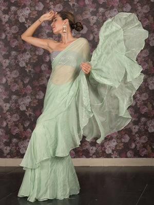 Rajwada Light Green Crepe Ruffles Saree with Unstitched Blouse for Women