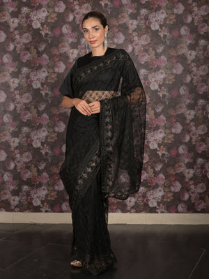 Rajwada Black Net Embroidered Saree with Unstitched Blouse for Women