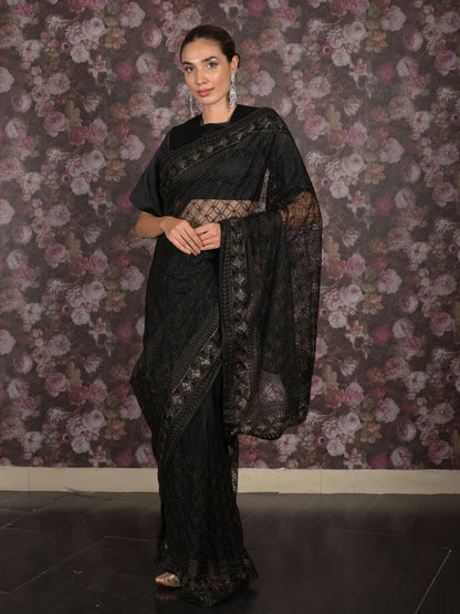 Rajwada Black Net Embroidered Saree with Unstitched Blouse for Women