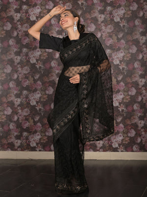 Rajwada Black Net Embroidered Saree with Unstitched Blouse for Women