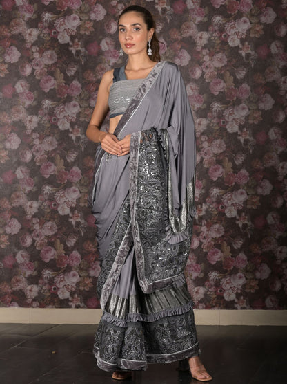 Rajwada Grey Embellished Lycra Saree With Unstitched Blouse For Women