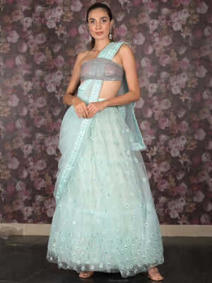 Rajwada Sea Green Embroidered Semi Stitched Net Lehenga with Untitched Blouse For Women