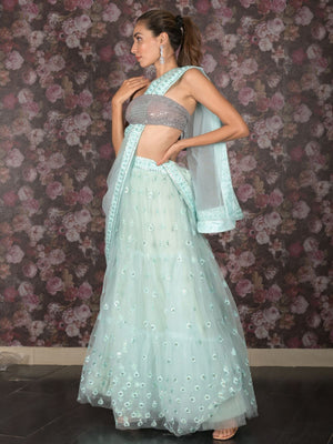 Rajwada Sea Green Embroidered Semi Stitched Net Lehenga with Untitched Blouse For Women