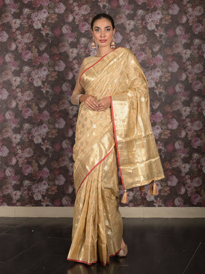 Rajwada Beige Silk Blend Woven Saree with Unstitched Blouse for Women