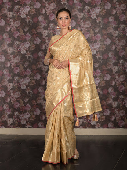 Rajwada Beige Silk Blend Woven Saree with Unstitched Blouse for Women